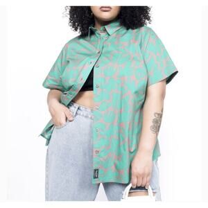 NEW Wildfang The Essential Button Up Short Sleeve Abstract Print Green Large NWT